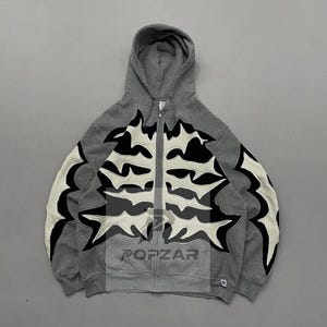Skeleton Rib Cage Zip-Up Hoodie: Heavyweight Fleece Y2K Grunge Streetwear Coat