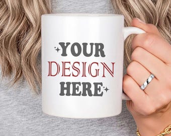 11oz Ceramic White Coffee Mug Mockup, Minimalist Hand Held Mug Mockup