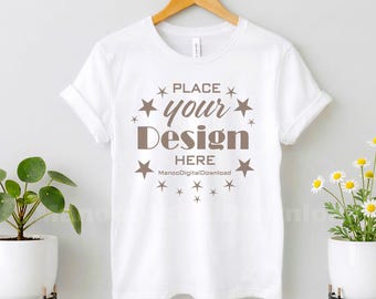 Bella Canvas White T Shirt Mockup | Bella Canvas 3001 Mockup | Floral Flat Lay Shirt Mockup| Hanger t-shirt Mockup, White Tshirt Mockup-JPG