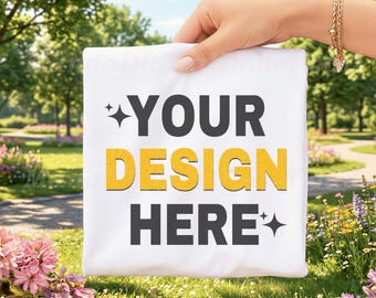 Hand Holding Folded Shirt Mockup| Comfort Colors 1717 White T-Shirt Mockup| Hand Held Tshirt Mockup| Outdoor Summer Floral t-shirt Mockup