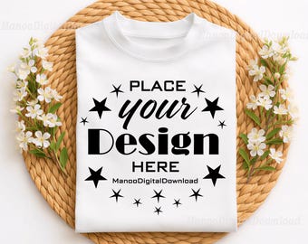 White Folded T-Shirt Mockup, Bella Canvas 3001, Rattan Floral Flat Lay Shirt (Digital Download)