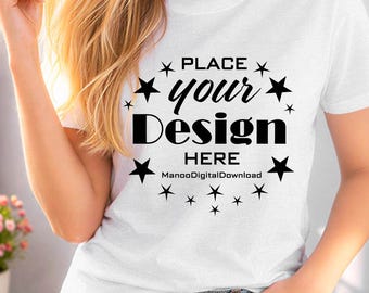 White Bella Canvas tshirt Mockup, Women T-Shirt Lifestyle Mockup, Stylish Model In Bright Room, White Shirt Mockup, Bella Canvas 3001 Mockup