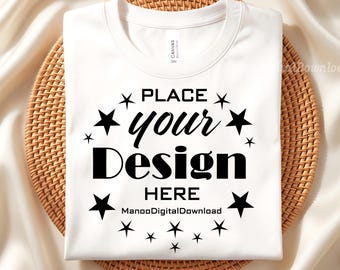 Bella Canvas 3001 Mockup, Folded White T-Shirt, Rattan Place mat Mockup, Flat lay shirt Mockup
