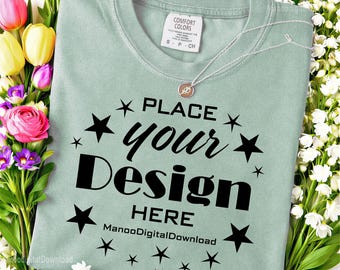 Comfort Colors 1717 Bay T-Shirt Mockup, Spring Floral Folded Bay Adult T-Shirt Mockup, Pale Green T-shirt, Short Sleeve Flat Bay t-shirt-JPG