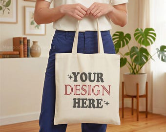 Tote Bag Mockup, Holding Tote Bag Mockup, Ivory Tote Bag Flat Lay Canvas Mockup, Hand Held Natural Cotton Tote Bag Front Canvas Mockup (JPG)