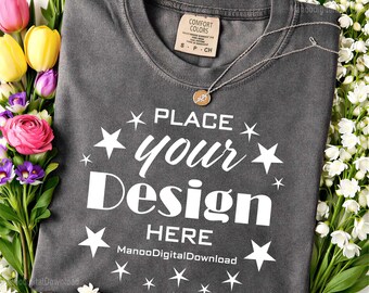 Comfort Colors 1717 Pepper T-Shirt Mockup, Floral Folded Pepper T-Shirt Mockup, Pepper Shirt Mockup, Short Sleeve Flat Pepper C1717 Mockup