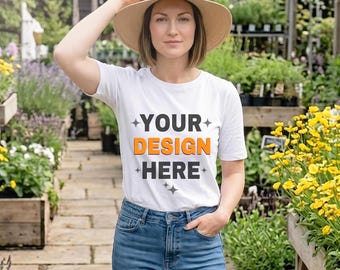 White T-Shirt Mockup, Lifestyle Women Shirt Mockup, Floral Nursery Scene tshirt Mockup