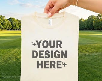 Bella Canvas 3001 Folded T-Shirt Mockup, Hand Held Shirt Mockup, Bella Canvas Shirt Mockup, Hand Holding Shirt, Ivory Flat Lay tshirt Mockup