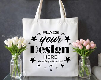 White Tote Bag Mockup | Tulip Flowers Tote Bag Mockup|  Floral Tote Bag Natural Mockup|  White Canvas Tote Mockup, White Bag Mockup|Tote JPG