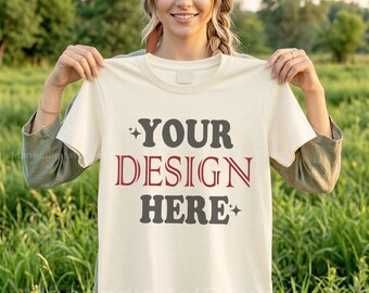 Ivory t-shirt Mockup, Holding Shirt Mockup, Village Girl T-Shirt Mockup, Short Sleeve Ivory tshirt Mockup, Natural Green Scene Shirt Mockup