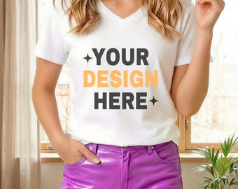 Bella Canvas 3005 White V-Neck Mockup | Women's Lifestyle t-shirt Mockup