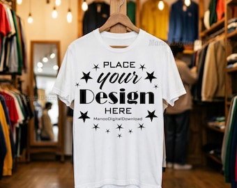 Natural White T-Shirt Mockup| Unisex tshirt Mockup| Shirt Hanger Mockup, Oversized White Shirt Mockup, Short Sleeves Hanging White t-shirt