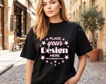 Comfort Colors 1717 Black Shirt Mockup, Black t-shirt Mockup, Lifestyle Model Street Scene Mockup, Short Sleeve Black t-shirt Mockup, JPG