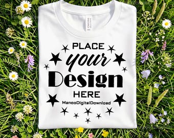 White Bella Canvas 3001 t-shirt Mockup, Folded Flat Lay Short Sleeve tshirt Mockup| Unisex t-shirt Floral Mockup| Bella Canvas Shirt Mockup