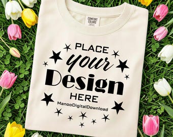 Comfort Colors Ivory T-Shirt Mockup | Folded Flat Lay Floral tshirt Mockup