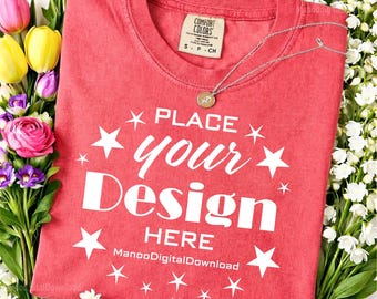 Comfort Colors 1717 Watermelon, Folded Watermelon T-Shirt Mockup| Floral Short Sleeve Folded  tshirt Mockup, Unisex Flat Lay Shirt Mockup