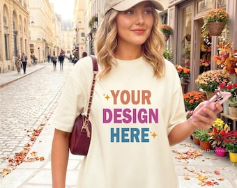 Comfort Colors 1717 Ivory T-Shirt Mockup, Outdoor Shirt Mockup, Oversized C1717 Shirt Mockup, Female Lifestyle Model Mockup-Digital Download
