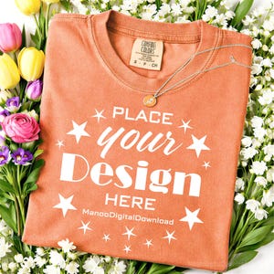 Comfort Colors 1717 Melon Flat Lay Shirt Mockup, Spring Floral Folded Melon T-Shirt Mockup, Short Sleeve Folded t-shirt Unisex Melon Mockup