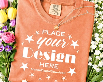 Comfort Colors 1717 Melon Flat Lay Shirt Mockup, Spring Floral Folded Melon T-Shirt Mockup, Short Sleeve Folded t-shirt Unisex Melon Mockup