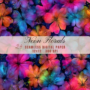 May include: A vibrant digital paper design featuring a repeating pattern of neon-colored flowers in shades of pink, orange, blue, and purple. The design includes the text "Neon Florals" and details about the paper size and resolution: 12x12 inches, 300 DPI.