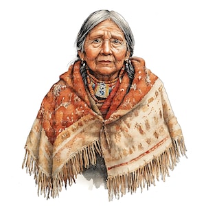 Könnte beinhalten: Aquarellporträt einer älteren Frau mit grauem Haar und ernstem Gesichtsausdruck. Sie trägt einen gefransten Schal in Orange- und Cremetönen und eine Perlenkette. Das Kunstwerk ist vor einem weißen Hintergrund.