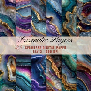 May include: A collection of 24 seamless digital papers with a gemstone design. The papers feature a variety of colors, including blue, purple, gold, and teal. The text "Prismatic Layers" and paper specifications are displayed.