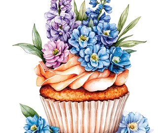 Birthday Cupcake Clipart: Delphinium Floral Watercolor Art (13 Digital Files)