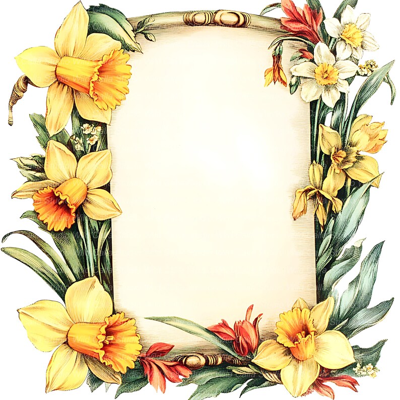 Vintage Daffodil Floral Scroll Letter Clipart - Spring Flowers for ...