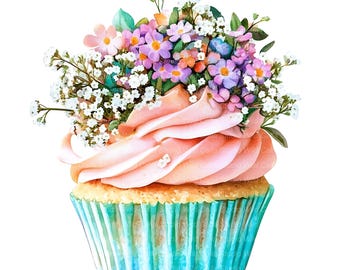 13 Baby's Breath Floral Clipart: Birthday Cupcake Cake Watercolor