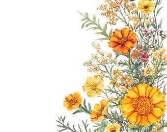 Marigold Floral Clipart Set - 15 Pastel Wildflower Borders