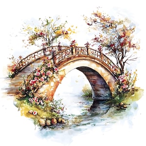 Può includere: Dipinto ad acquerello di un ponte in pietra che si inarca su un corso d'acqua. Il ponte è adornato da fiori rosa e rossi e da una vegetazione lussureggiante. Alberi con fogliame colorato incorniciano il ponte, creando un paesaggio sereno.