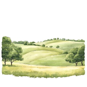 Puede incluir: Pintura a la acuarela de un paisaje verde ondulado con árboles. La escena representa un campo cubierto de hierba con colinas y árboles, renderizado en suaves tonos verdes y amarillos. La obra evoca una sensación de tranquilidad y belleza natural.