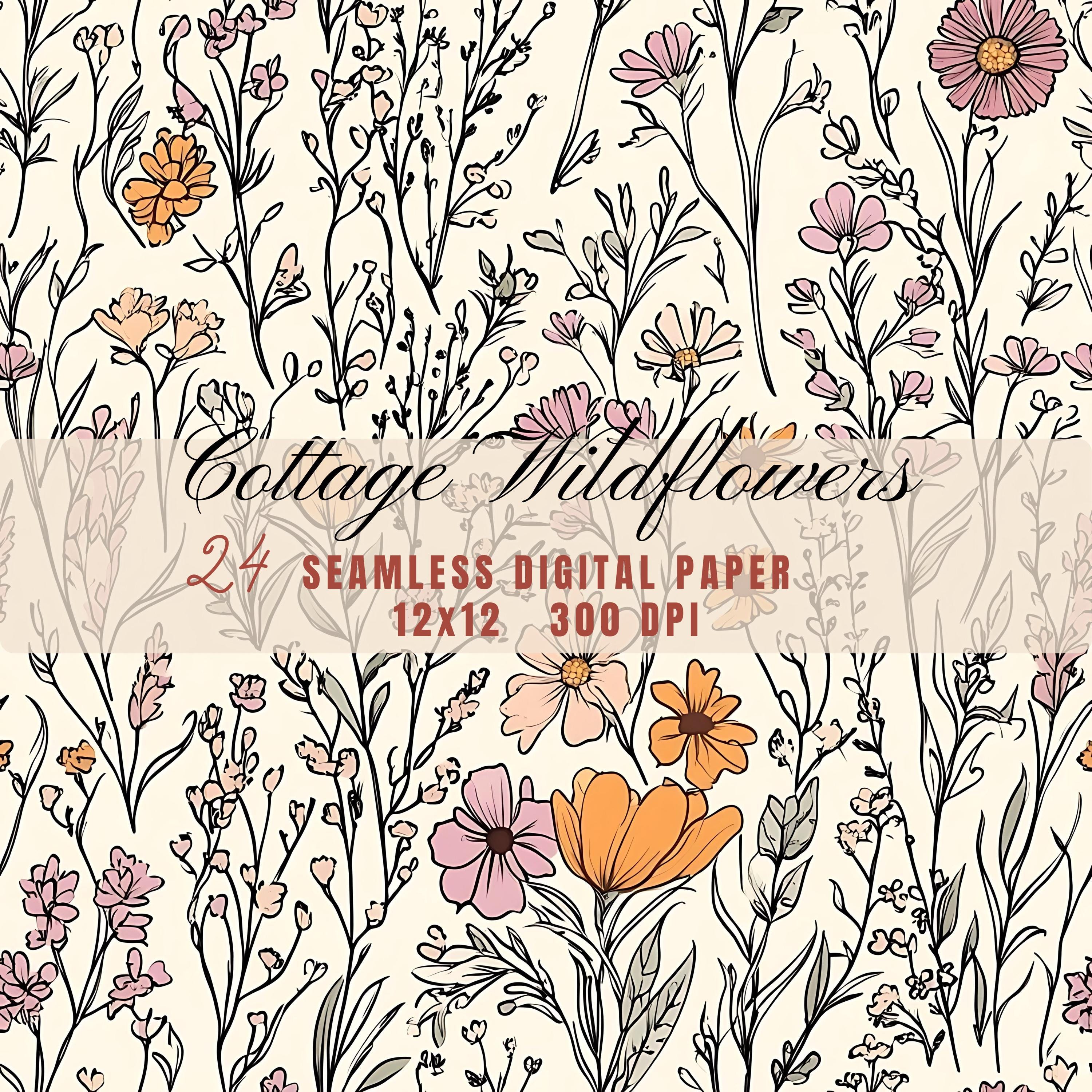 Rustic Cottagecore Wildflowers Pattern Digital Paper, Pastel Doodle Art ...