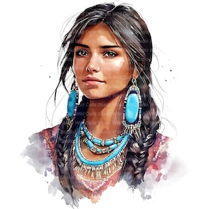 Puede incluir: Retrato en acuarela de una mujer con largo cabello oscuro trenzado. Lleva grandes pendientes turquesas y un collar a juego. La imagen tiene un tema nativo americano, con un estilo suave y artístico y un fondo blanco.