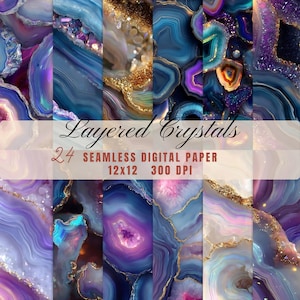 May include: A digital paper pack featuring 24 seamless designs with layered crystal patterns. The designs showcase a variety of colors, including blues, purples, and gold accents. Each design is 12x12 inches at 300 DPI. The text "Layered Crystals" is displayed.