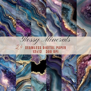 Könnte beinhalten: Eine Sammlung von 24 nahtlosen digitalen Papieren mit glänzendem Mineraldesign. Die Papiere zeigen Farben wie Blau, Lila und Gold, mit einer Größe von 30,48 x 30,48 cm und einer Auflösung von 300 DPI. Der Text "Glossy Minerals" ist zu sehen.
