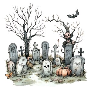 May include: Watercolor illustration of a spooky graveyard scene with tombstones, bare trees, and a pumpkin. A bat flies overhead. The tombstones have crosses and inscriptions. A skull peeks out from behind a tree.