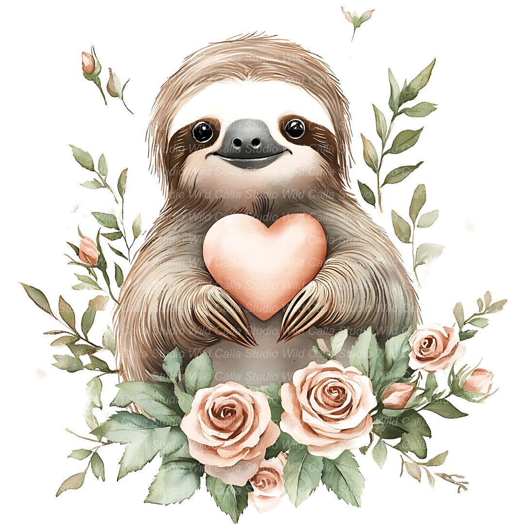 Sloth and Roses Clipart, Watercolor Valentine Blush (10 JPG Files) - Etsy