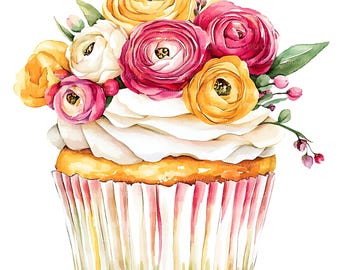 Ranunculus Floral Birthday Cupcake Clipart (12 Watercolor Cake Flowers)