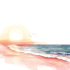 Puede incluir: Pintura a la acuarela de una escena de playa al atardecer. El sol es un gran círculo naranja suave. La playa es rosa y el océano es azul. Varias aves vuelan en el cielo.