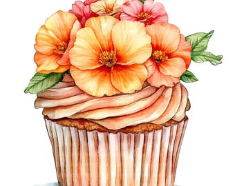 Begonia Floral Birthday Cupcake Clipart - Watercolor Cake and Flower Art