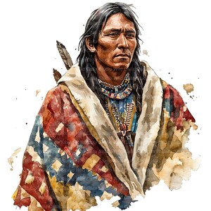 May include: Watercolour portrait of a Native American man. He has long black hair and is wearing a patterned blanket with red, blue, and yellow designs. He is also wearing a beaded necklace and a feathered adornment.