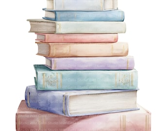 14 Watercolor Book Stack Cliparts: Pastel Junk Journal Art