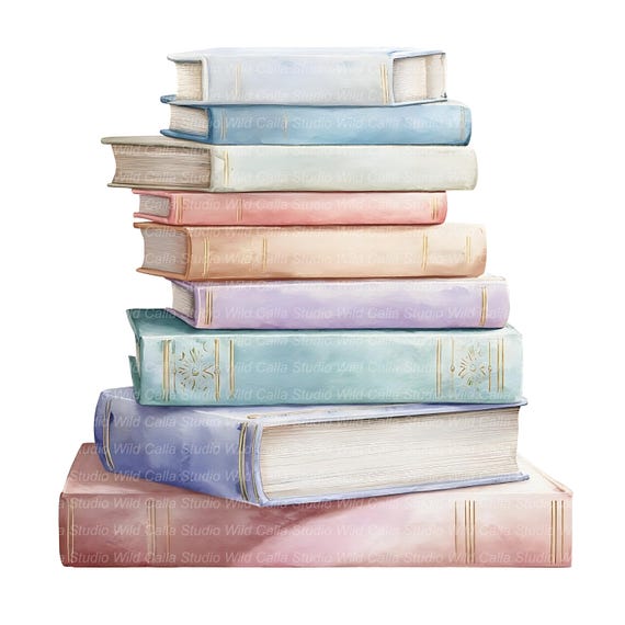 14 Watercolor Book Stack Cliparts: Pastel Junk Journal Art
