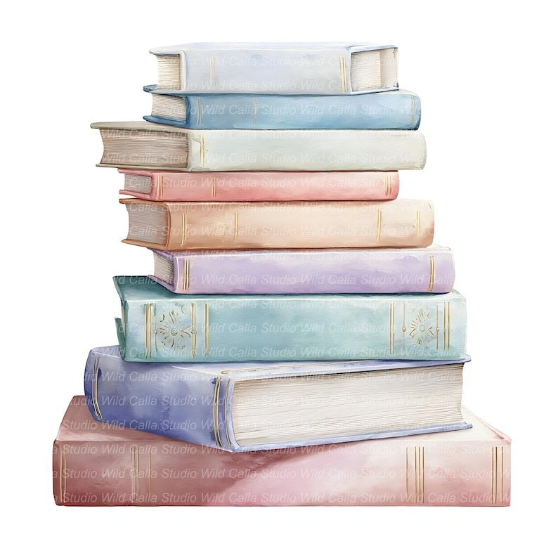 14 Watercolor Book Stack Cliparts: Pastel Junk Journal Art image 1