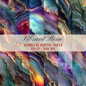 Puede incluir: Un conjunto de 24 papeles digitales sin costuras con diseños abstractos vibrantes. Los papeles presentan una variedad de colores, incluyendo turquesa, morado, dorado y rosa, con un efecto de piedra marmolada. El texto "Vibrant Stone" es visible.