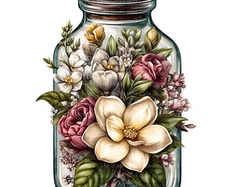 Jar Flower Clipart: Gardenia Watercolor - Whimsical Spring Floral Art