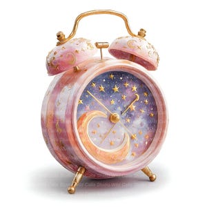 Op de afbeelding: Een roze en gouden wekker met een hemels ontwerp. De klok heeft een sterrenhemel met een maan en gouden sterren. De klok heeft gouden bellen, poten en een handvat. De klok is een decoratief item.