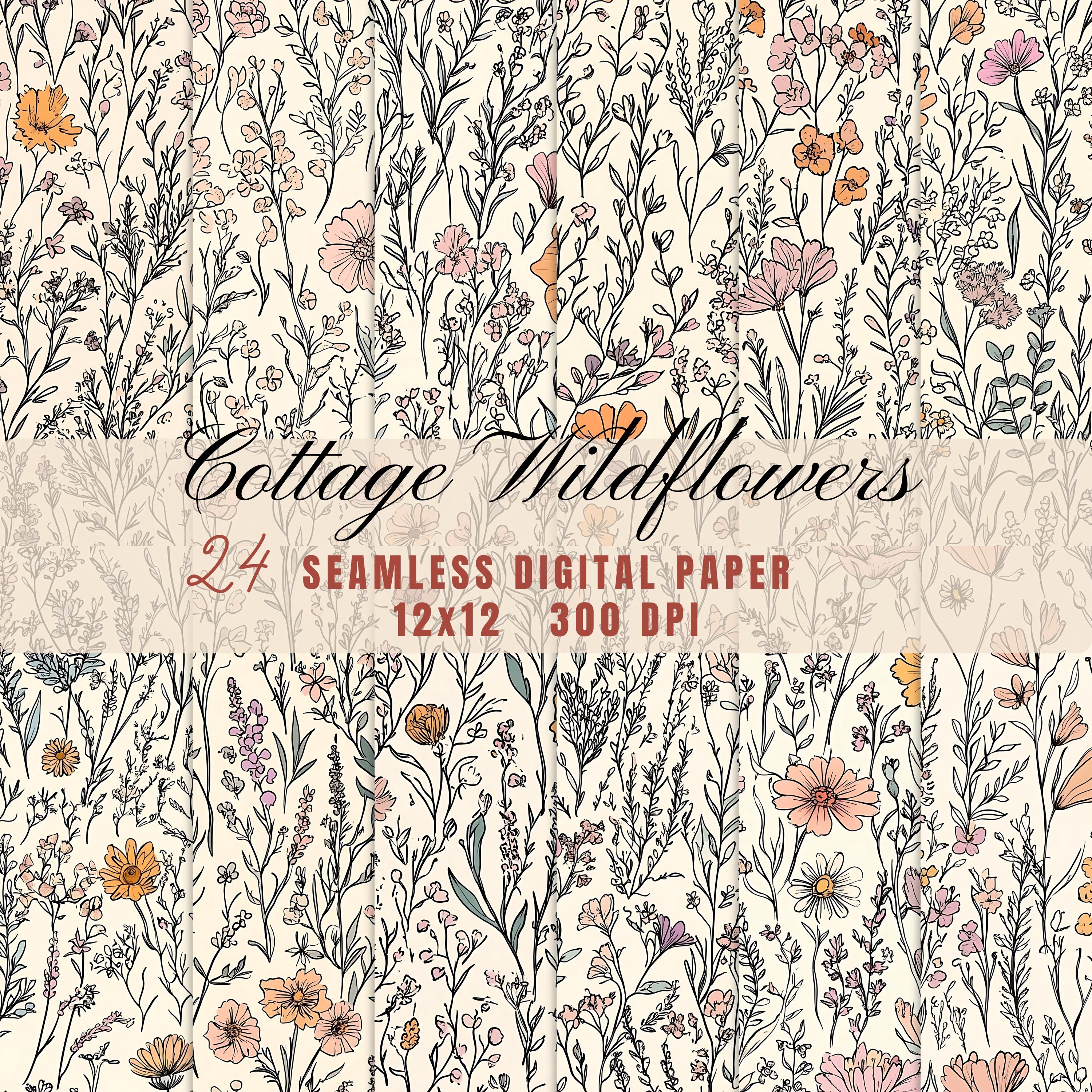 Rustic Cottagecore Wildflowers Pattern Digital Paper, Pastel Doodle Art ...