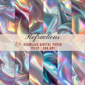 May include: A collection of 24 seamless digital papers with iridescent, flowing fabric textures. The papers feature a range of colors, including pink, blue, and green, with the text "Refractions" and details about the paper size and resolution.